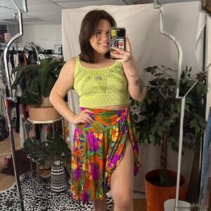 Vintage Oscar de la Renta tropical asymmetrical mesh cover up sheer floral